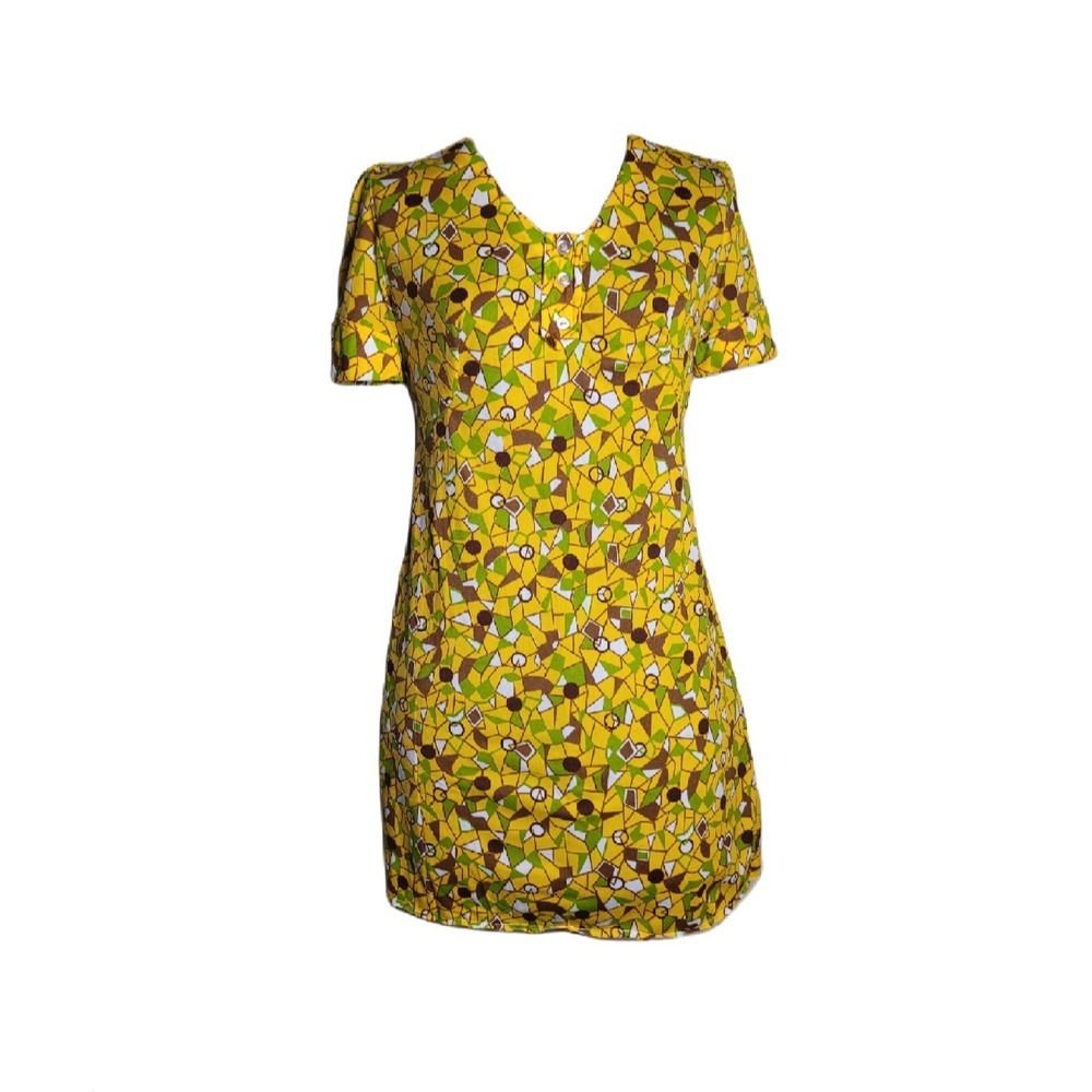 Vintage 60s 70s Yellow Green Brown Mini Dress Mod Gogo Twiggy Size Small